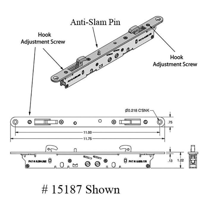 2-point Double Hook Sliding Door Lock, 11-3/4 Face with Pin