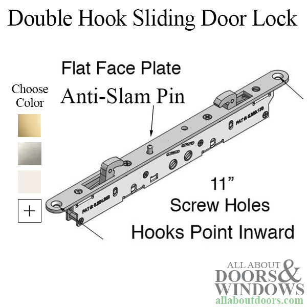 2-point Double Hook Sliding Door Lock, 11-3/4 Face with Pin