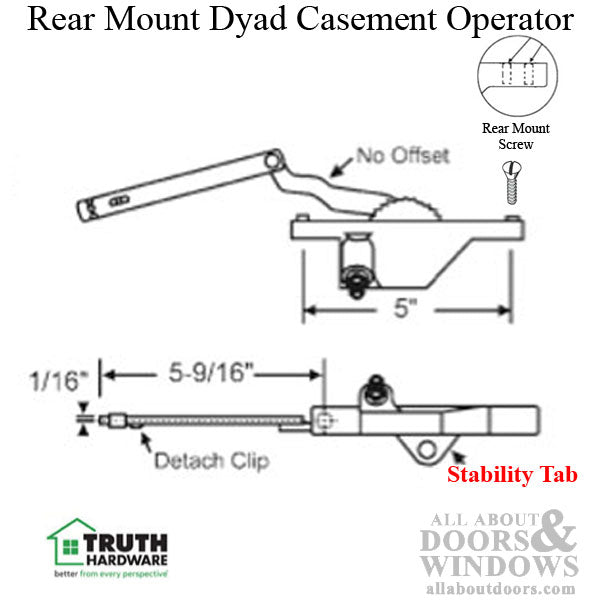 Rear Mounted Dyad Casement Operator with Stability Tab, 5-9/16, Left Hand - Choose Color