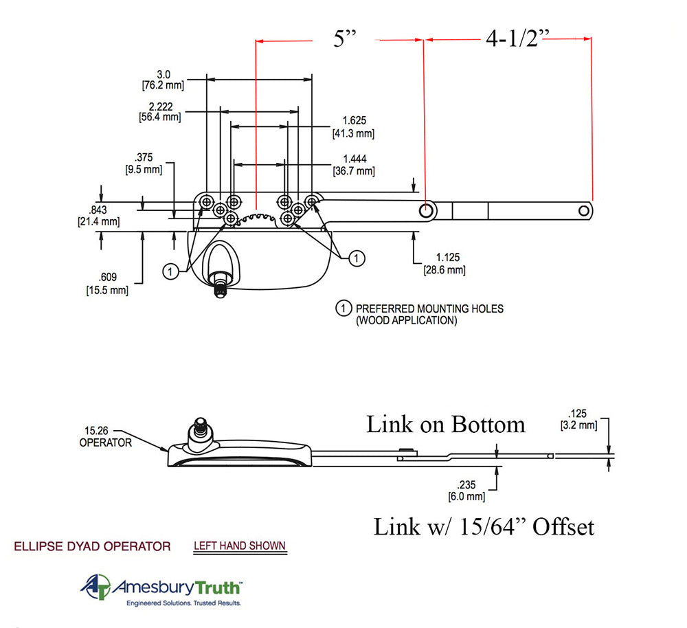 Truth® Ellipse Split Arm Casement Operator, 1/4Inch Offset Link, Left Hand