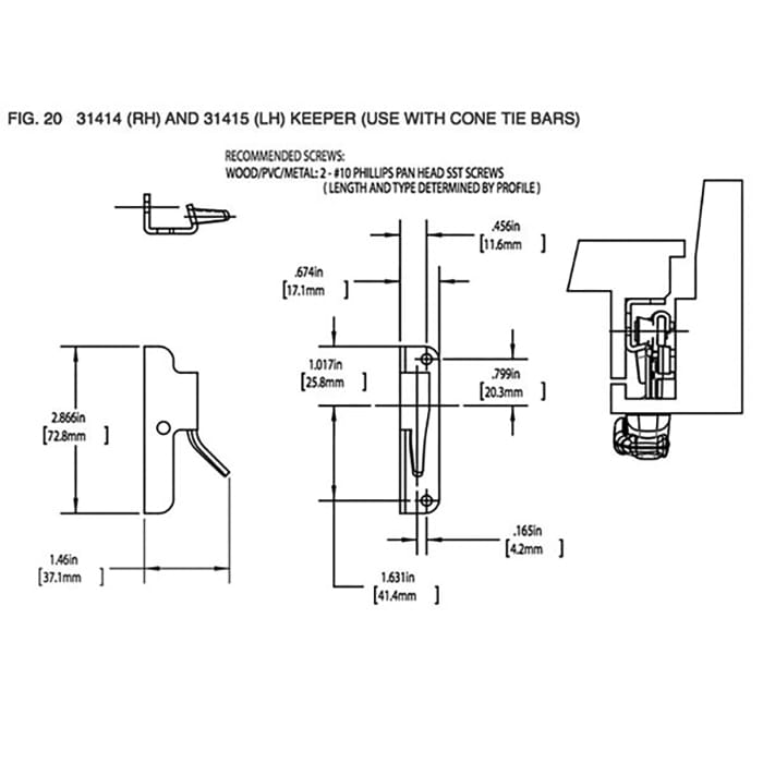 Left-Hand Truth Keeper for Maxim Multipoint Lock Windows, Cone Tie Bar