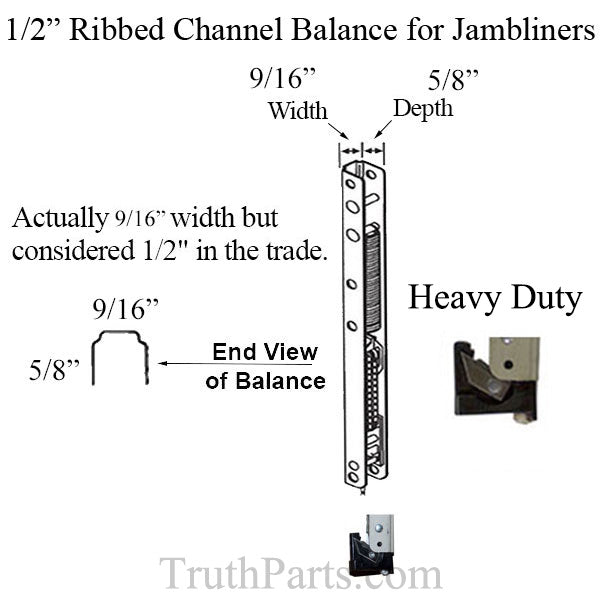 1/2Inch Ribbed Channel Balance for Vinyl Jambliners, Weather Shield #17 End Bracket Attached -  Heavy Duty