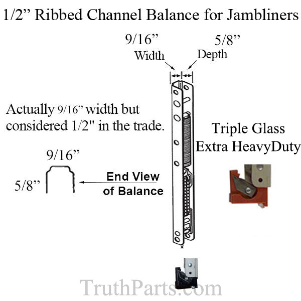 1/2Inch Ribbed Channel Balance for Vinyl Jambliners, Weather Shield #17 End Bracket Attached -  Triple Glass Extra Heavy Duty