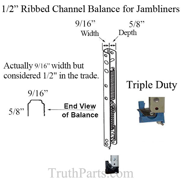 1/2Inch Ribbed Channel Balance for Vinyl Jambliners, Weather Shield #17 End Bracket Attached -  Triple Duty
