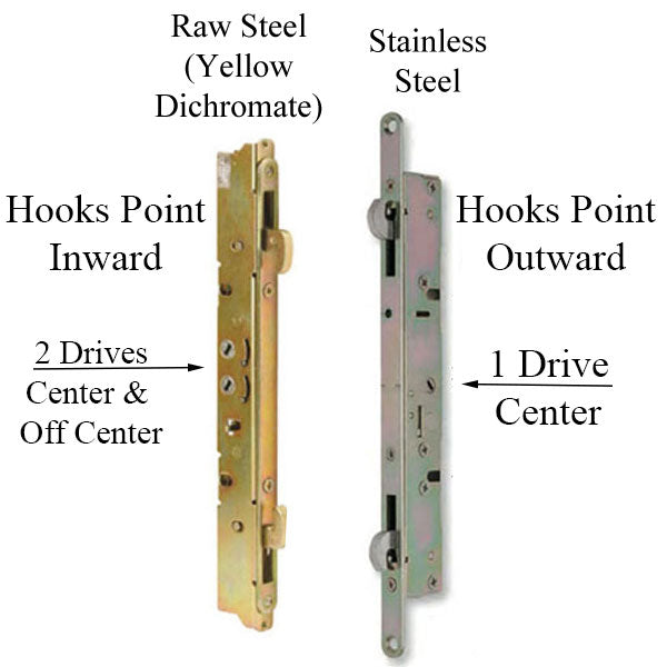 2-point Double Hook Sliding door lock, Center Drive, No Faceplate - Choose Material