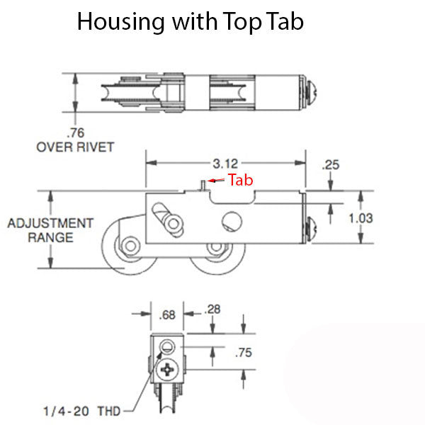 Tandem 1-1/2 In. Roller Assembly With Top Tab - 11/16 Housing Hardware