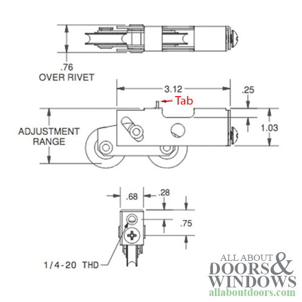 Tandem 1-1/2" Roller Assembly, Top Tab 1.99", 11/16" Housing