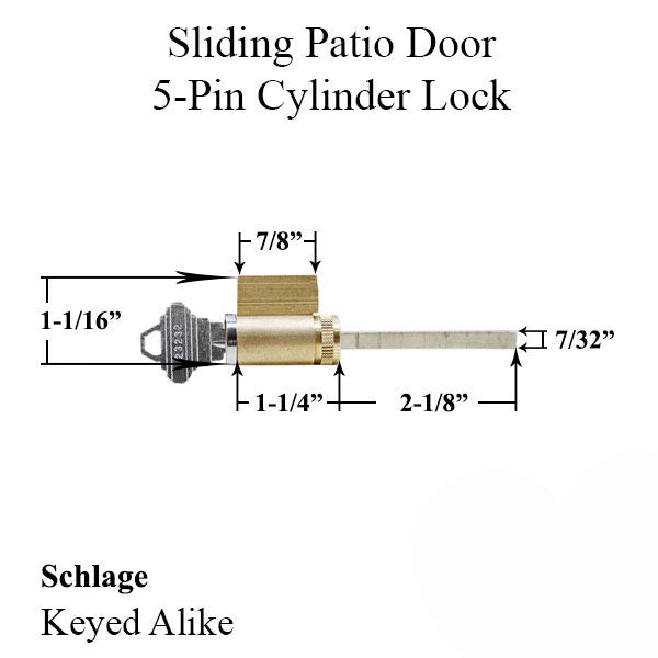 Cylinder Lock - Sliding Patio Door 5-Pin Tumbler Keyed Alike Hardware