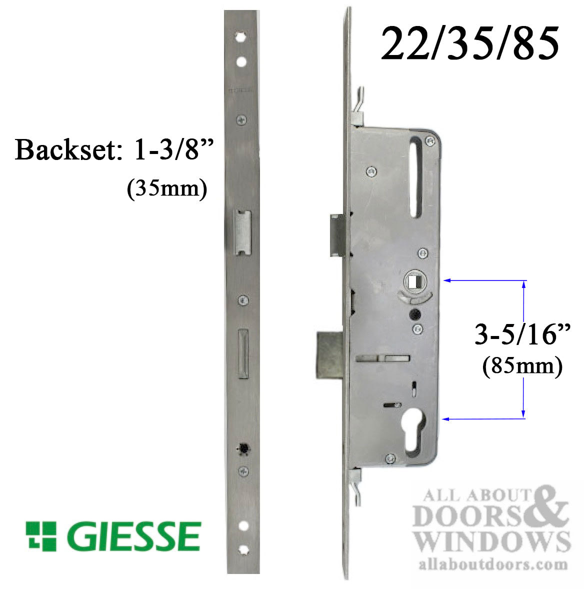 Giesse Door Mortise Lock, 35mm Backset, 85mm PZ, Perimeter INOX