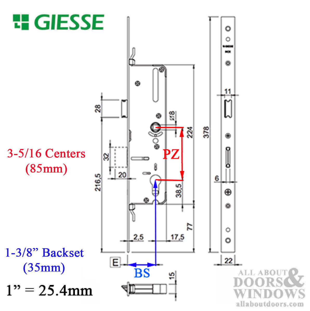Giesse Door Mortise Lock, 35mm Backset, 85mm PZ, Perimeter INOX
