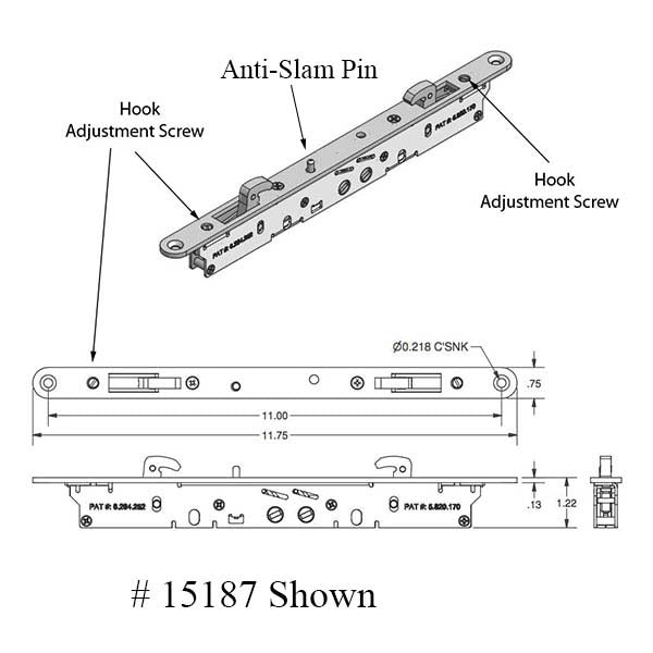 2-Point Double Hook Sliding Door Lock 11-3/4 Face With Pin Hardware