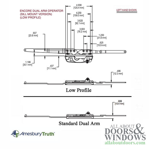 Truth® Encore 50.17 Dual Arm Casement Operator, Low Profile, Sill Mount with Stud - Right Hand