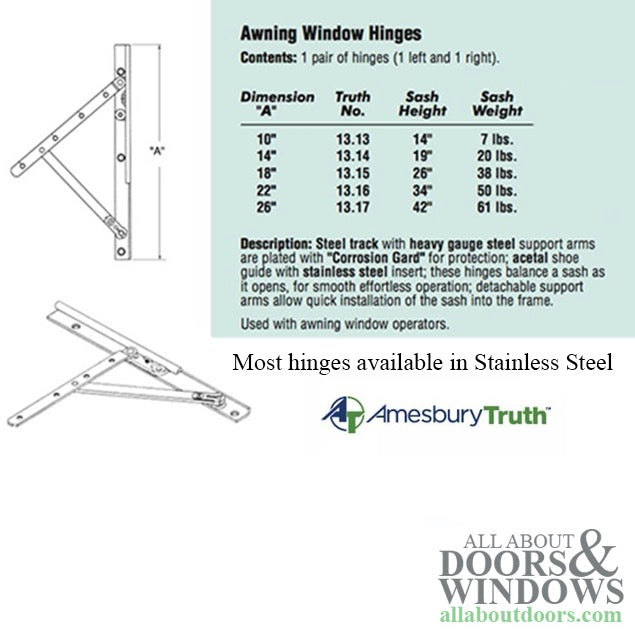 Amesbury Truth 13.14 Awning Window Hinge & Track Pair, 14" E-Gard Steel, Left & Right