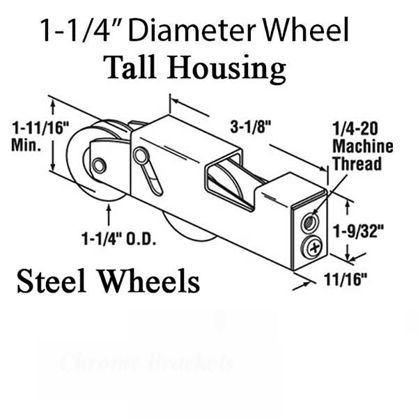 Sliding Patio Door Tandem Roller, Steel Housing, 1-1/4" Steel Wheels