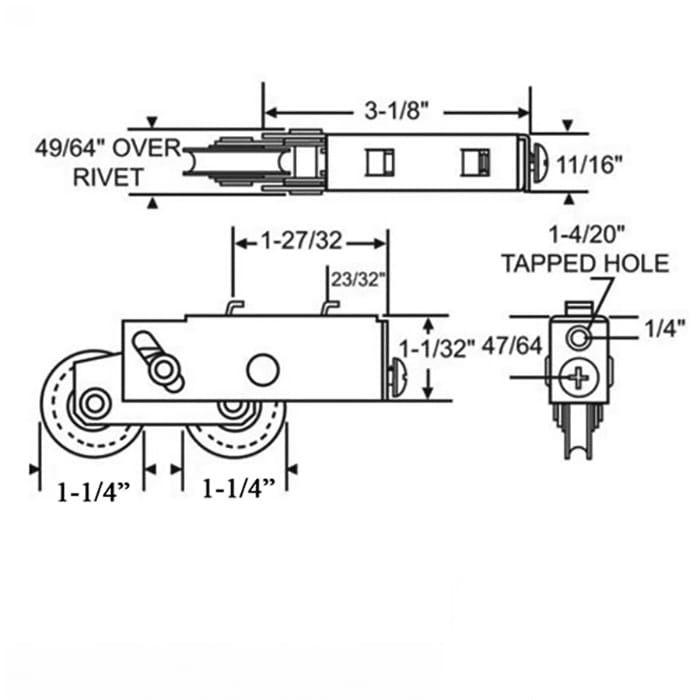 Sliding Patio Door Roller Assembly Steel Housing 1.25 Inch Steel Wheel Diameter