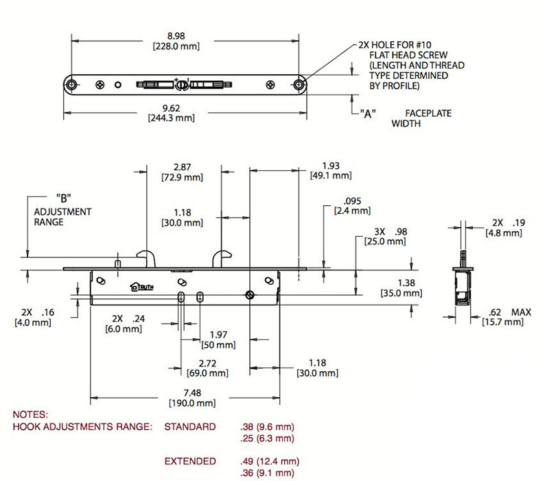 Truth 13319 16mm Nexus 2-Point Sliding Door Mortise Lock – Standard Hooks