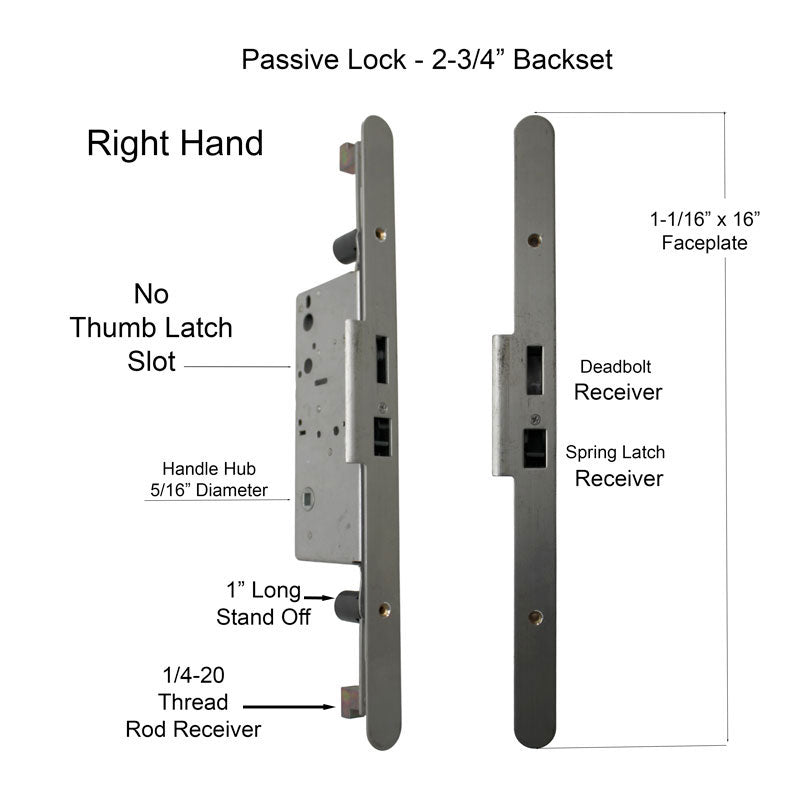Right Hand Passive Lock for Concealed Rod, 70 mm Backset, Radius Faceplate