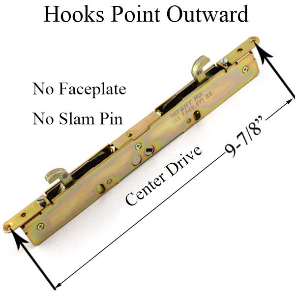 2-point Double Hook Sliding door lock, Center Drive, No Faceplate - Choose Material