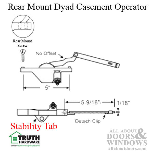 Rear Mount Dyad Casement Operators with Stability Tab, 5-9/16, Right Hand - Choose Color