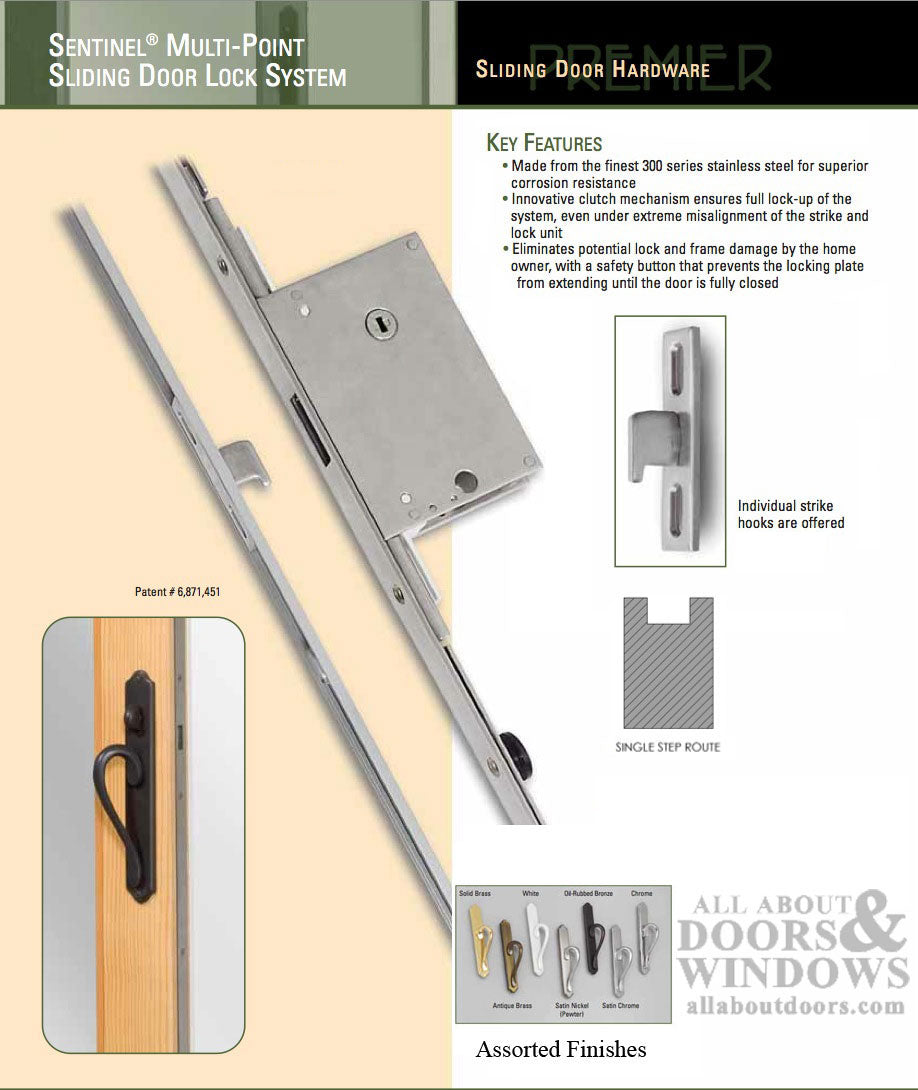 Sentinel 3-Hook Sliding Door Lock, 45mm Backset, Stainless Steel