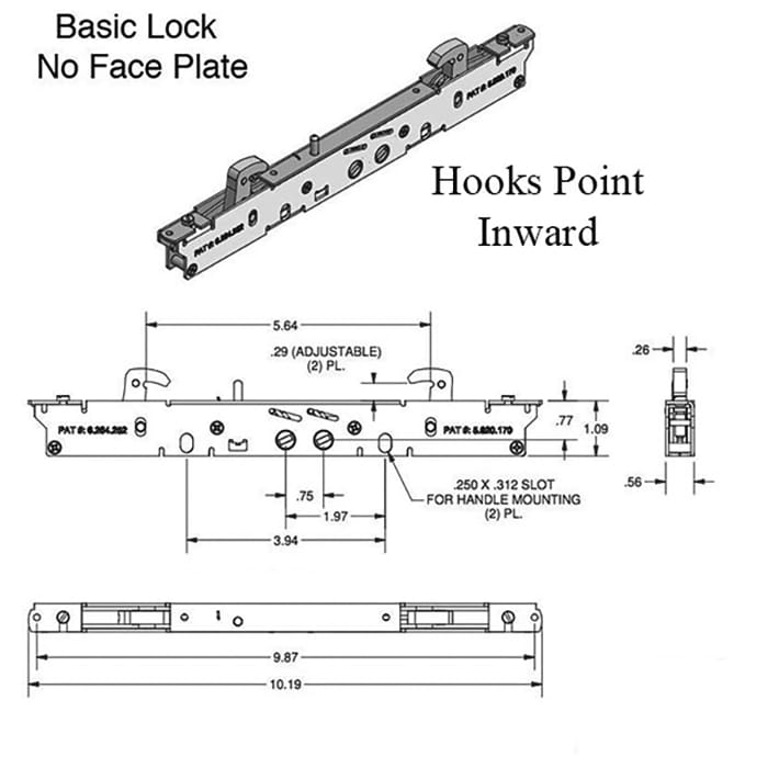 2-point Double Hook Sliding door lock, No Faceplate - Choose Color