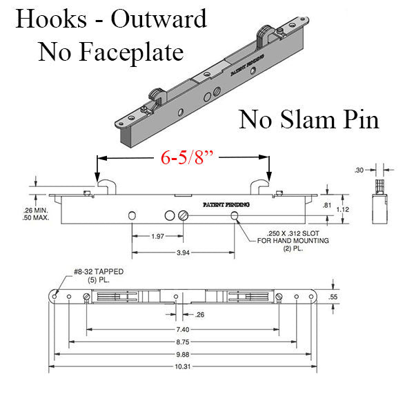 2-point Double Hook Sliding door lock, Center Drive, No Faceplate - Choose Material