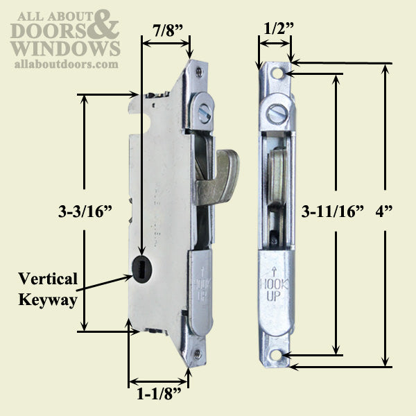 W&F Style Mortise Lock, Vertical Slot for Metal Sliding Patio Doors
