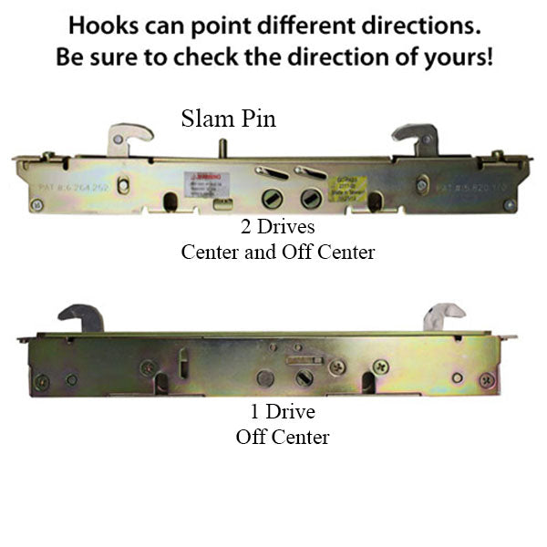 2-point Double Hook Sliding door lock, Center Drive, No Faceplate - Choose Material