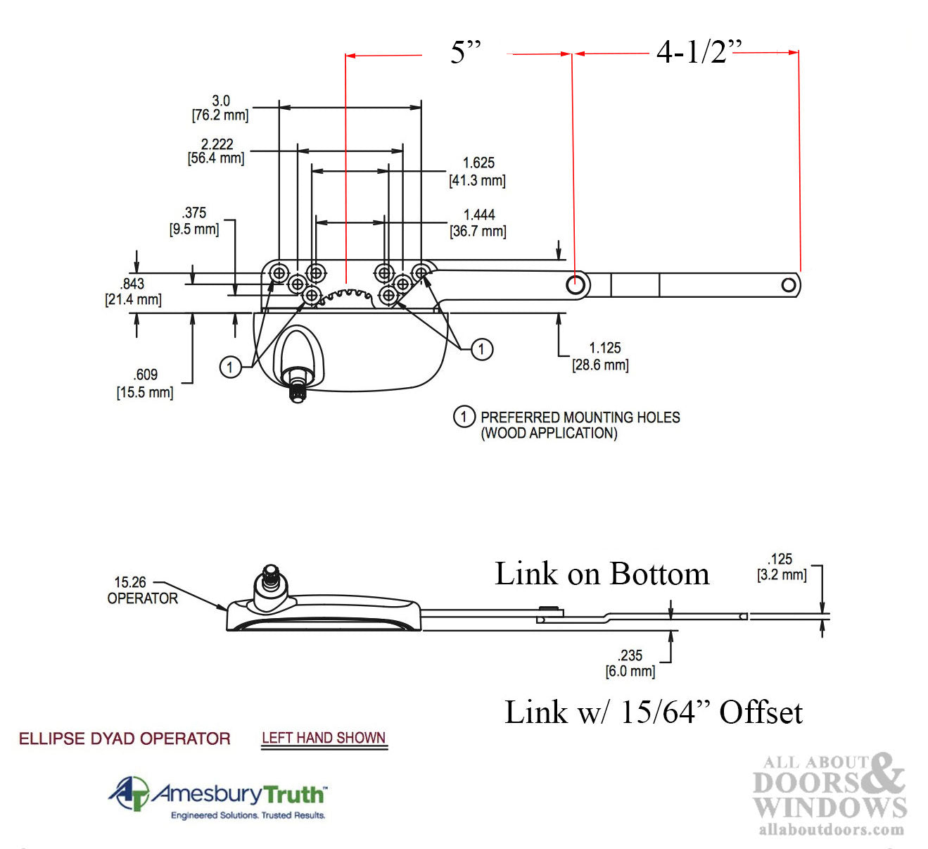 Truth® Ellipse Split Arm Casement Operator, 1/4Inch Offset Link, Left Hand