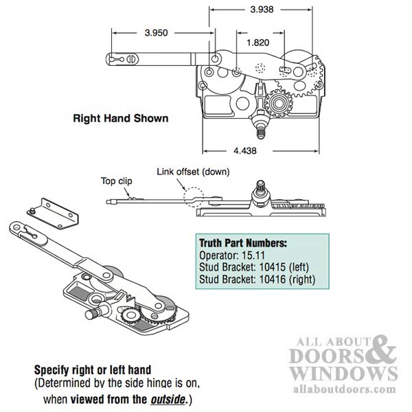Left Hand Dyad Casement Window Operator for Wood Windows, Offset Down Link