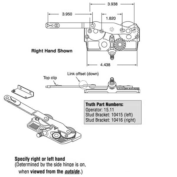 Right Hand Split Arm Casement Operator for Wood Windows, Offset Link Down