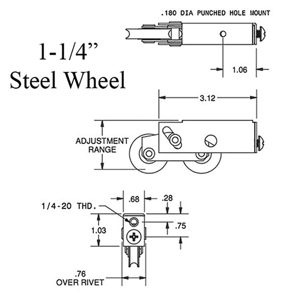 1-1/4" Steel Wheel Tandem Roller Assembly, 11/16" Housing for Sliding Patio Doors