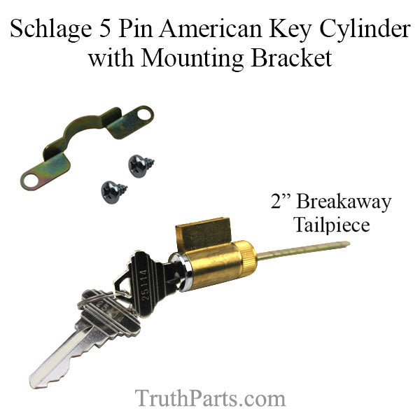 Schlage 5 pin American key cylinder with Mounting Bracket, 2inch break away tail piece - Chrome