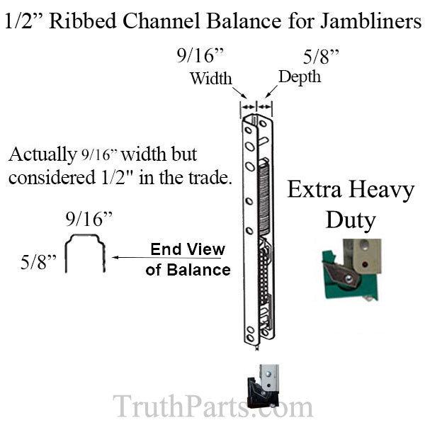 1/2Inch Ribbed Channel Balance for Vinyl Jambliners, Weather Shield #17 End Bracket Attached - Extra Heavy Duty
