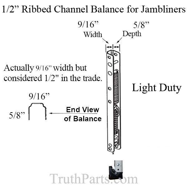 1/2Inch Ribbed Channel Balance for Vinyl Jambliners, Weather Shield #17 End Bracket Attached -  Light Duty
