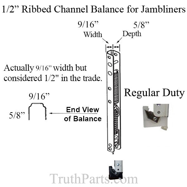 1/2Inch Ribbed Channel Balance for Vinyl Jambliners, Weather Shield #17 End Bracket Attached -  Regular Duty

